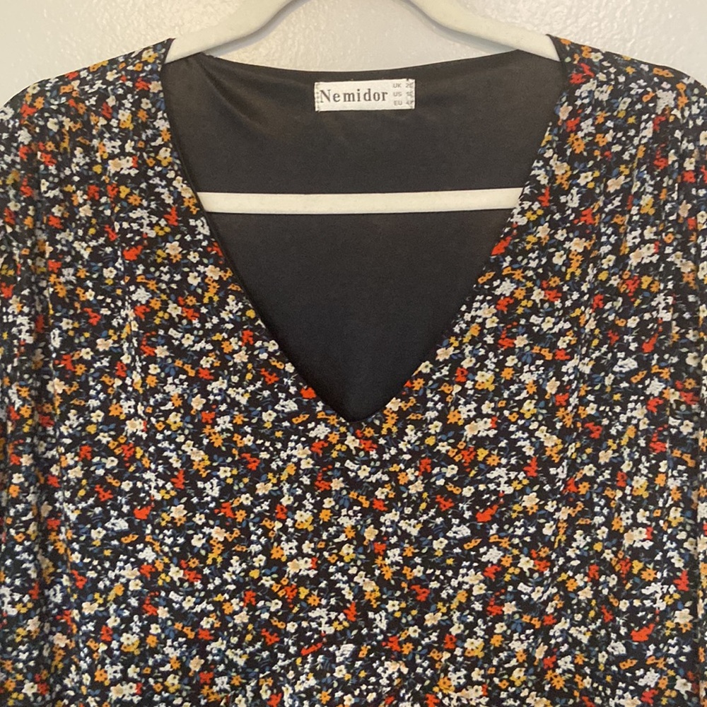 Ne midor multi color floral midi dress Sz 18 ruffles and bell sleeves pretty - Picture 2 of 5